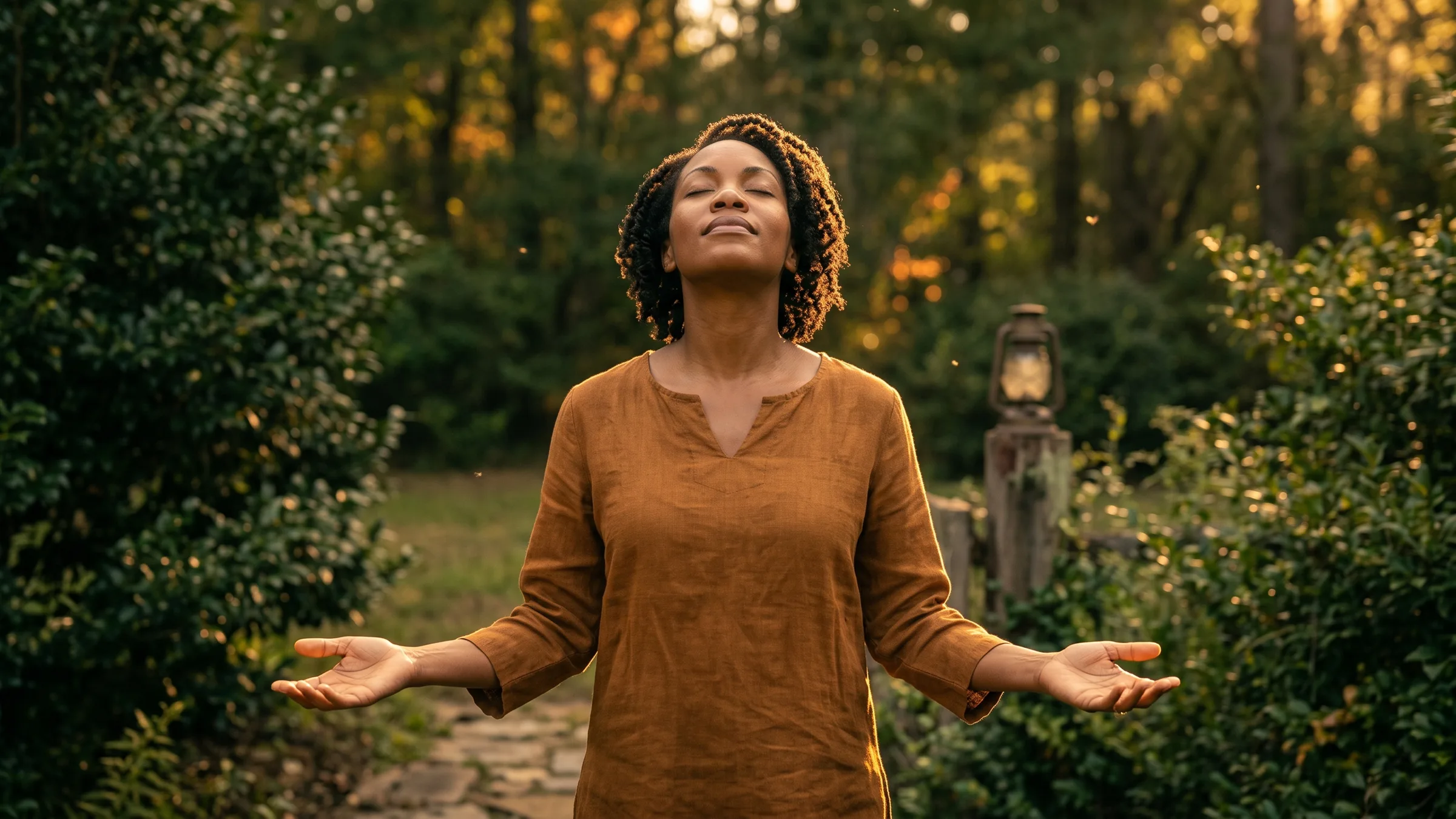 A woman standing outdoors at golden hour, face lifted to the light, palms open