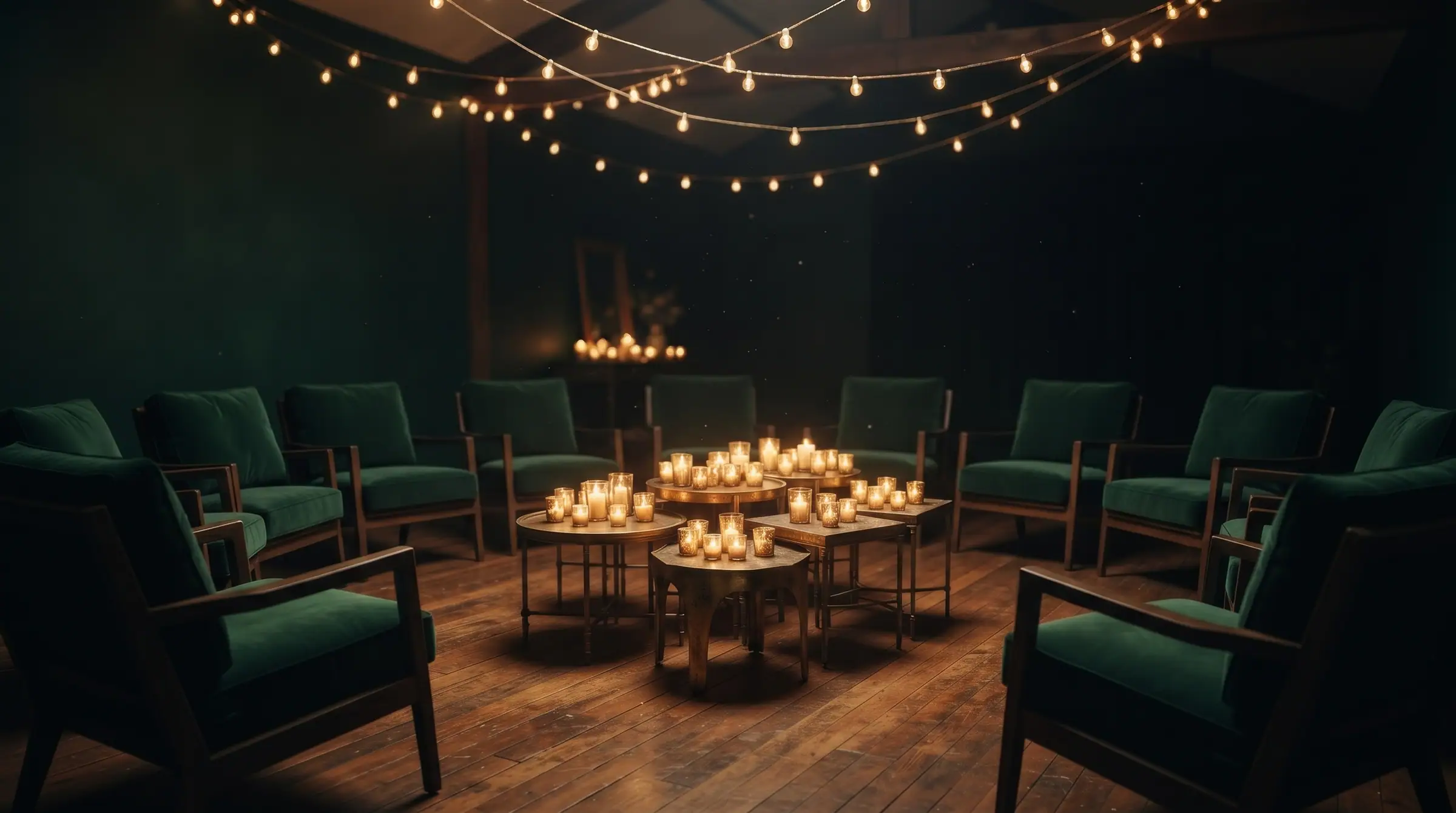 Chairs arranged in a circle around candlelit tables