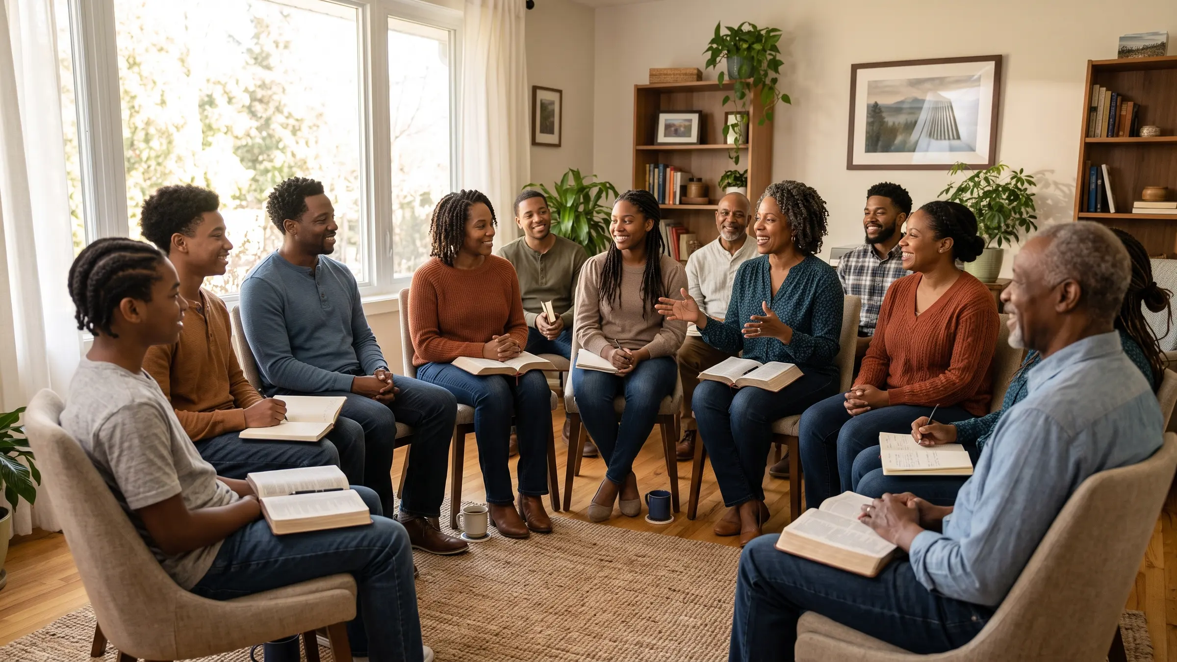 A dozen people of every age sitting in a circle with open Bibles, mid-conversation
