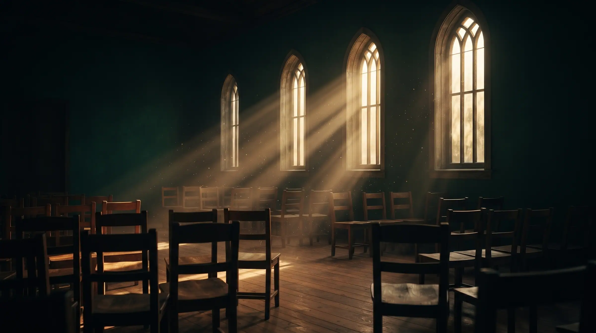 Morning light through tall arched windows into a quiet gathering hall