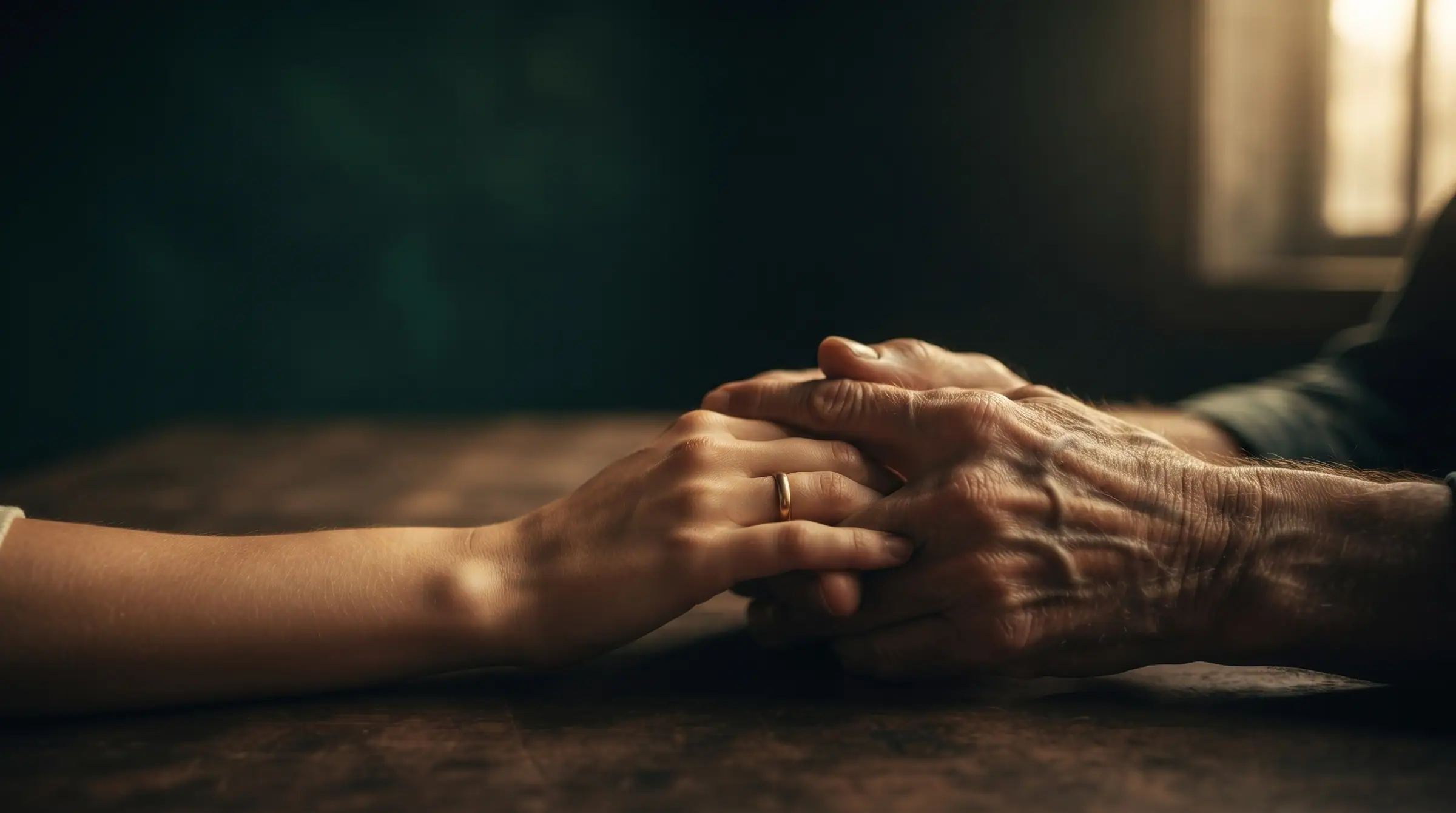 An older hand gently holding a younger hand across a table