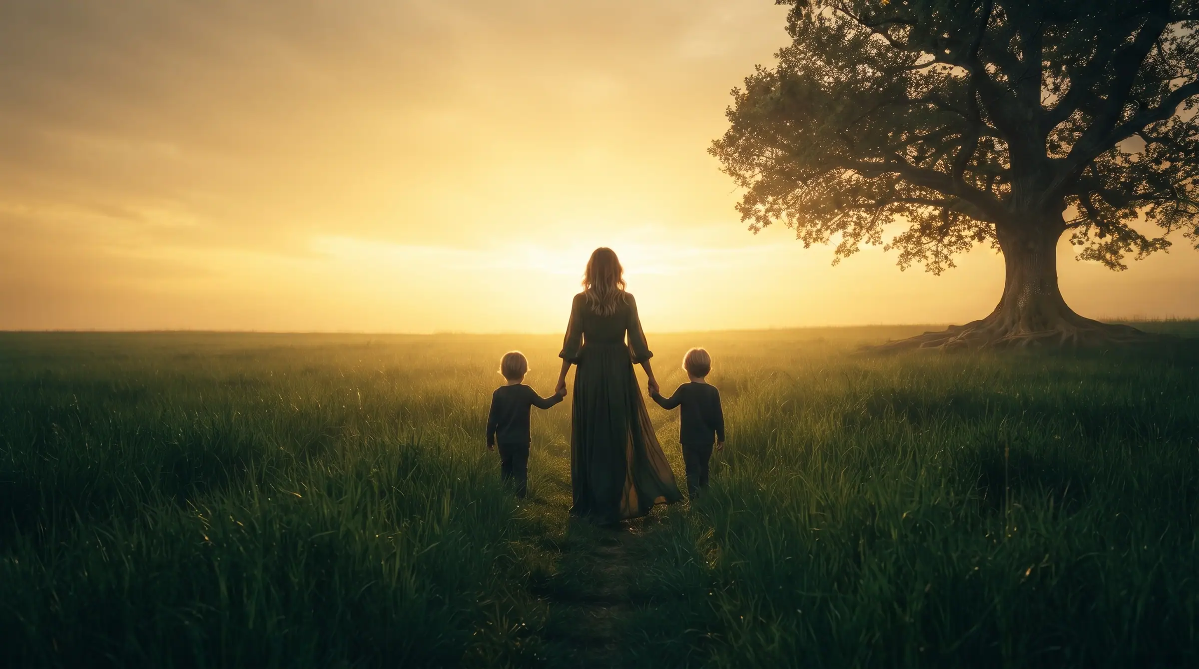 A mother walking hand in hand with two children toward a golden sky