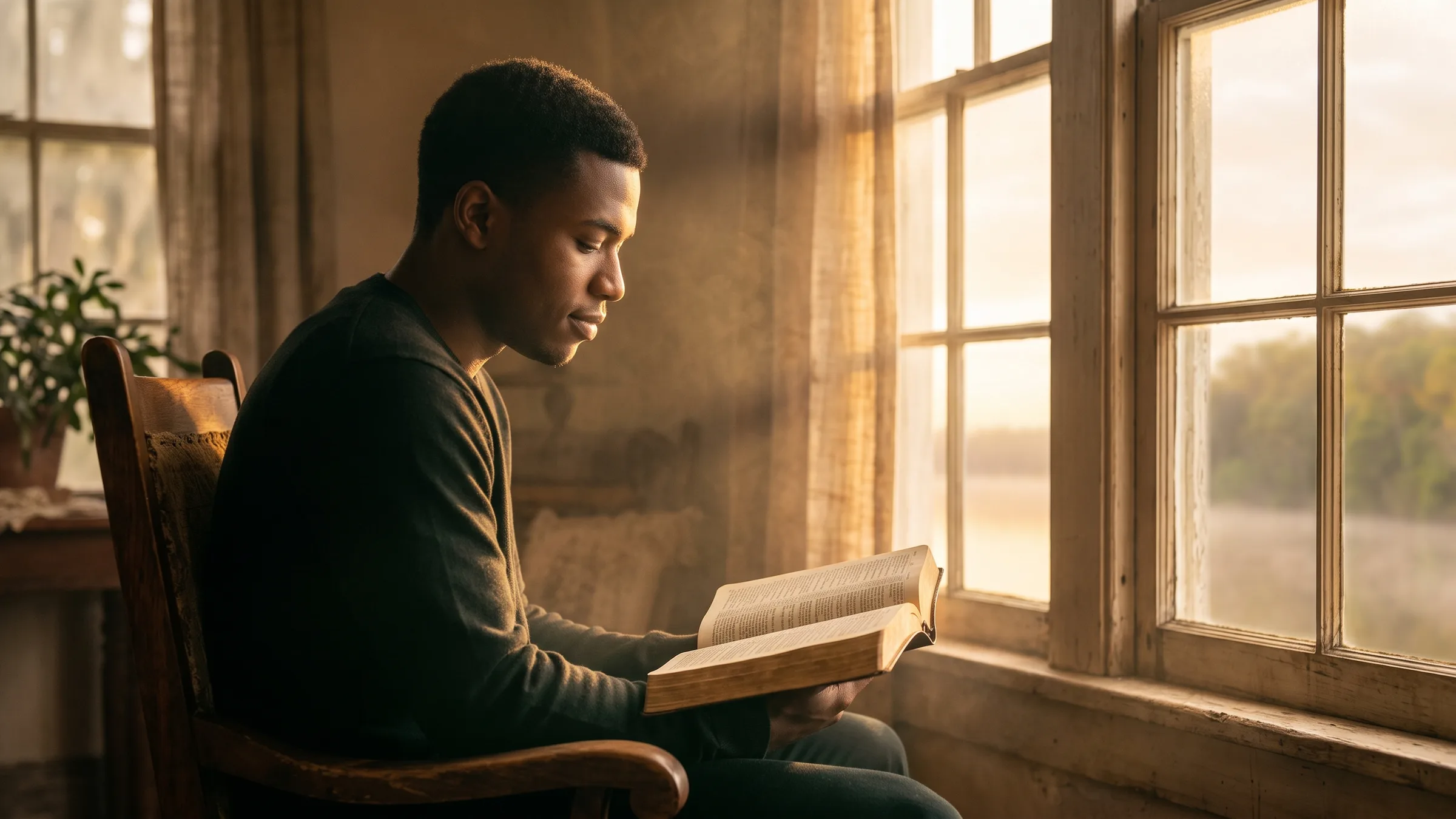 A young man reading an open Bible by a window in morning light