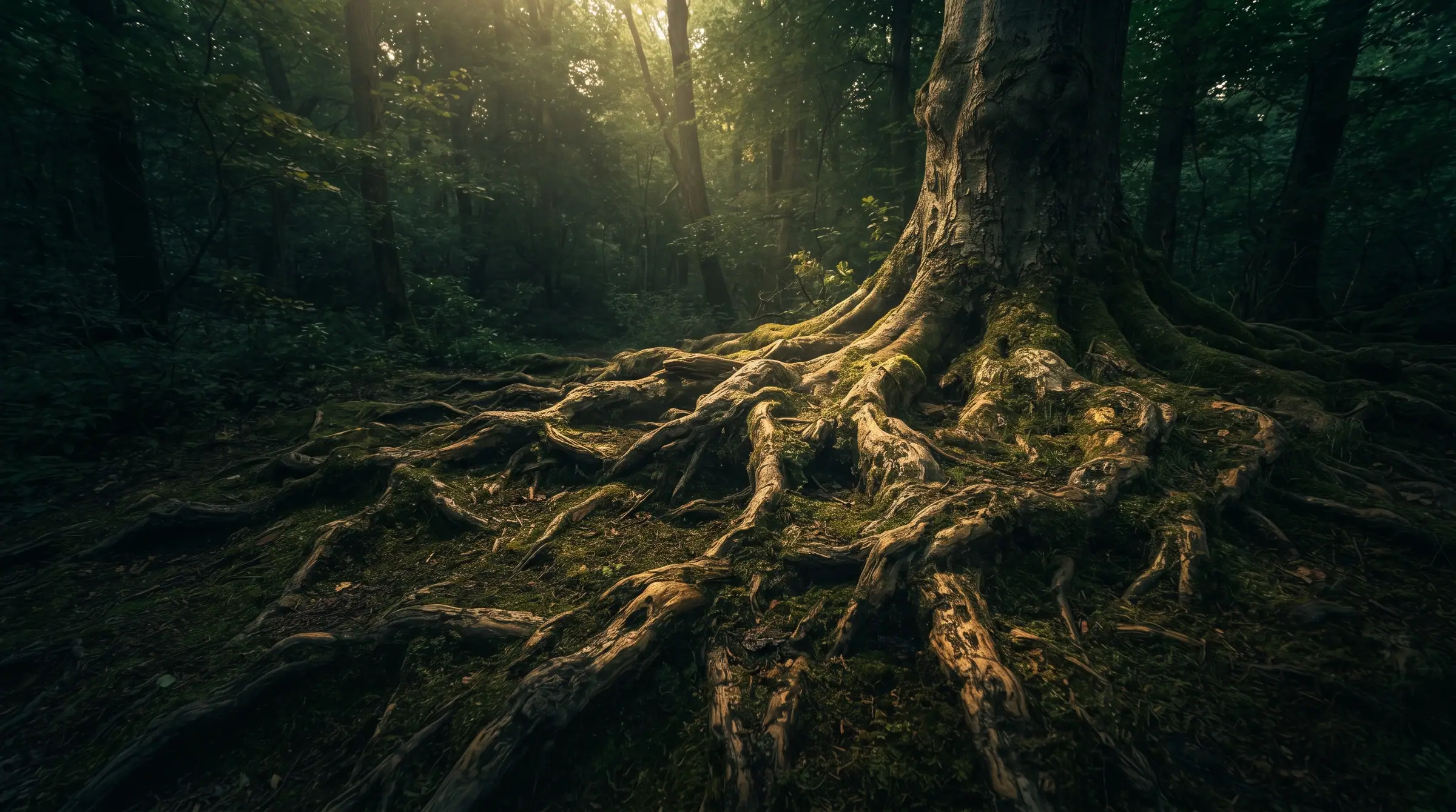 Ancient tree roots spreading across mossy ground in shafts of gold light