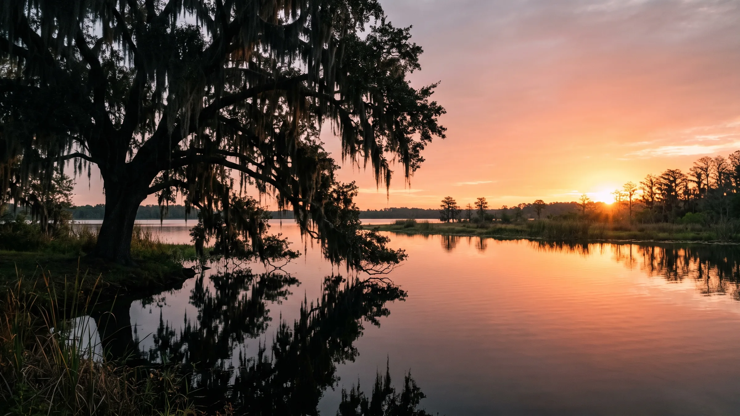 Sunrise over a still lake, a live oak hung with Spanish moss in silhouette